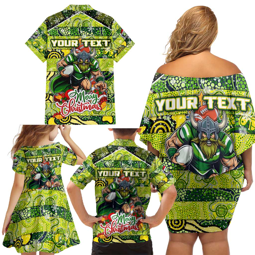 Custom Raiders Rugby Merry Christmas Family Matching Off Shoulder Short Dress and Hawaiian Shirt Indigenous Australian Art