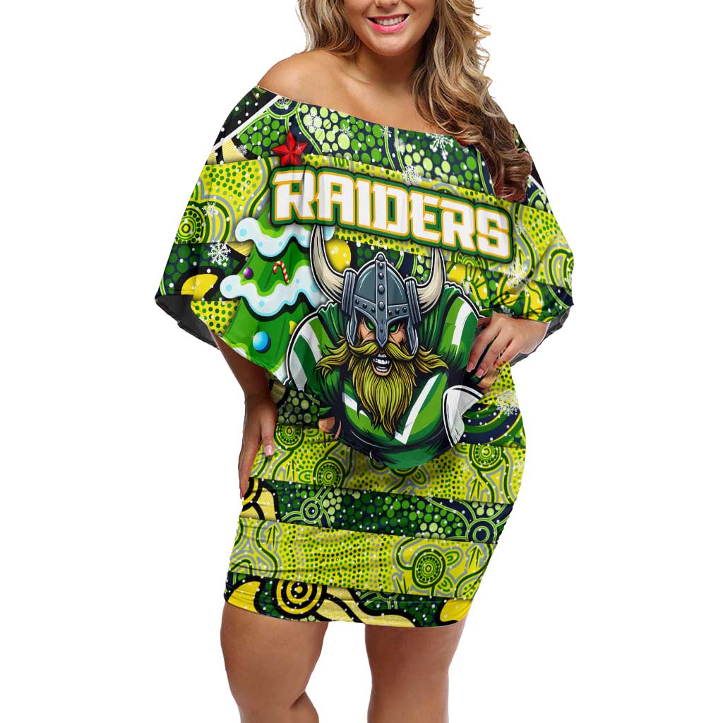 Custom Raiders Rugby Merry Christmas Family Matching Off Shoulder Short Dress and Hawaiian Shirt Indigenous Australian Art