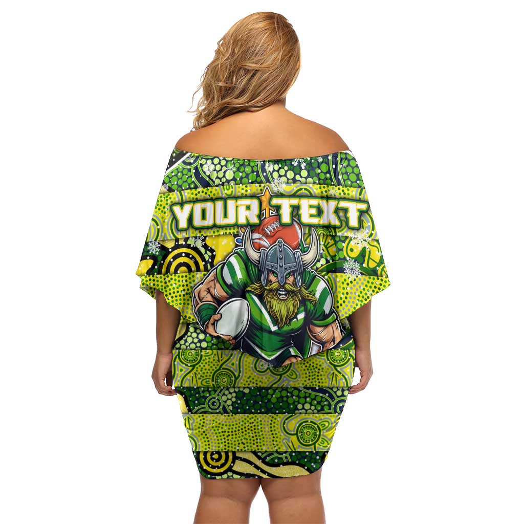 Custom Raiders Rugby Merry Christmas Family Matching Off Shoulder Short Dress and Hawaiian Shirt Indigenous Australian Art