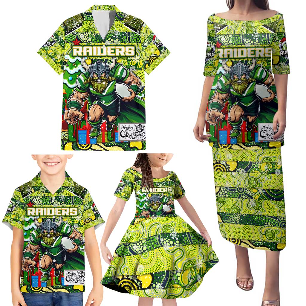 Custom Raiders Rugby Merry Christmas Family Matching Puletasi and Hawaiian Shirt Indigenous Australian Art