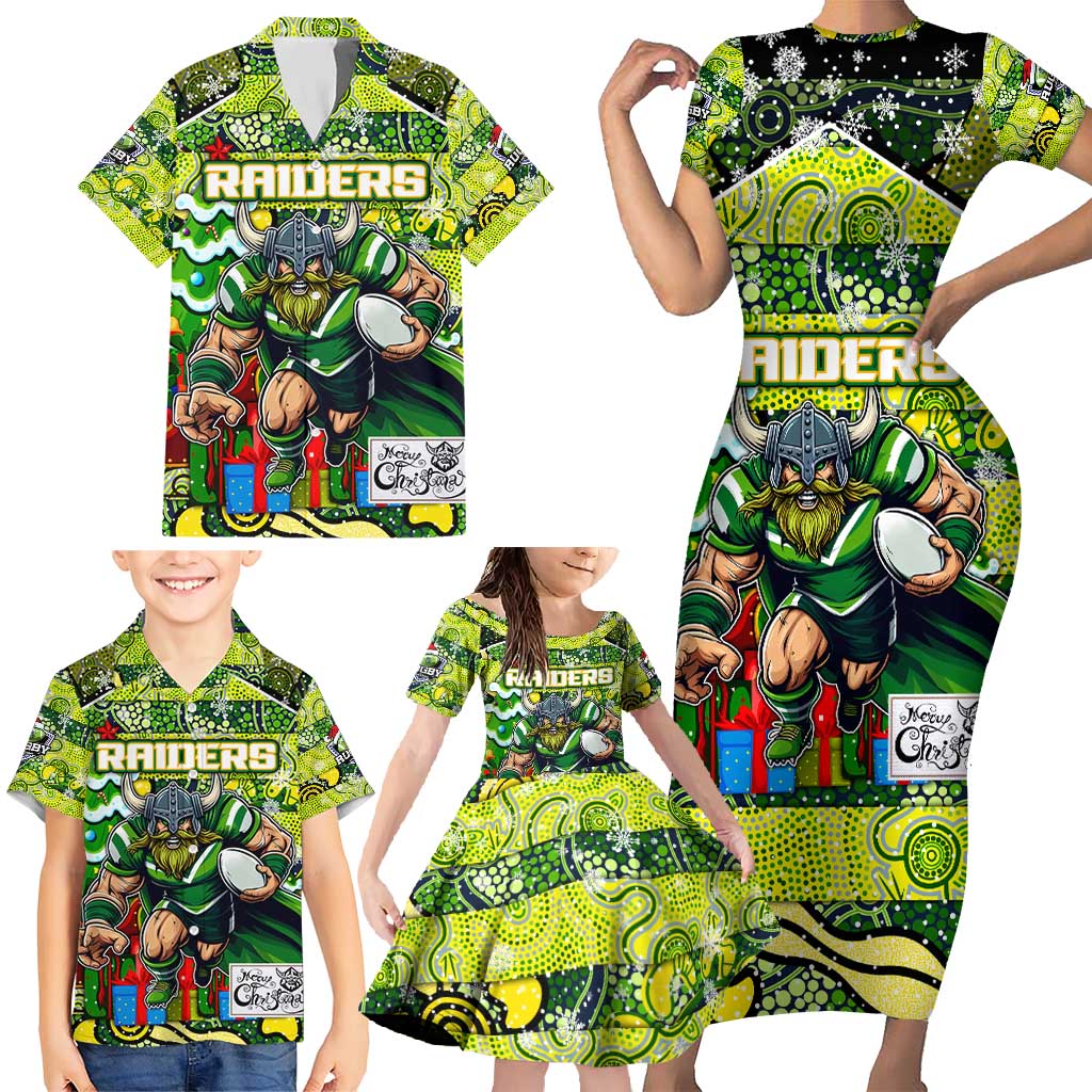 Custom Raiders Rugby Merry Christmas Family Matching Short Sleeve Bodycon Dress and Hawaiian Shirt Indigenous Australian Art