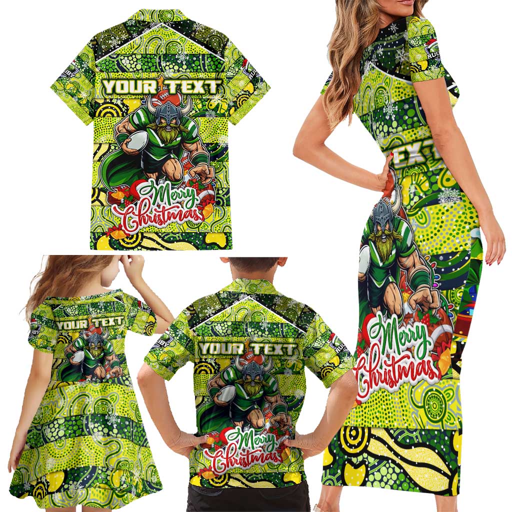Custom Raiders Rugby Merry Christmas Family Matching Short Sleeve Bodycon Dress and Hawaiian Shirt Indigenous Australian Art