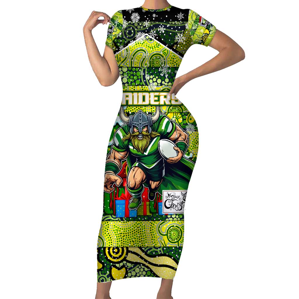 Custom Raiders Rugby Merry Christmas Family Matching Short Sleeve Bodycon Dress and Hawaiian Shirt Indigenous Australian Art