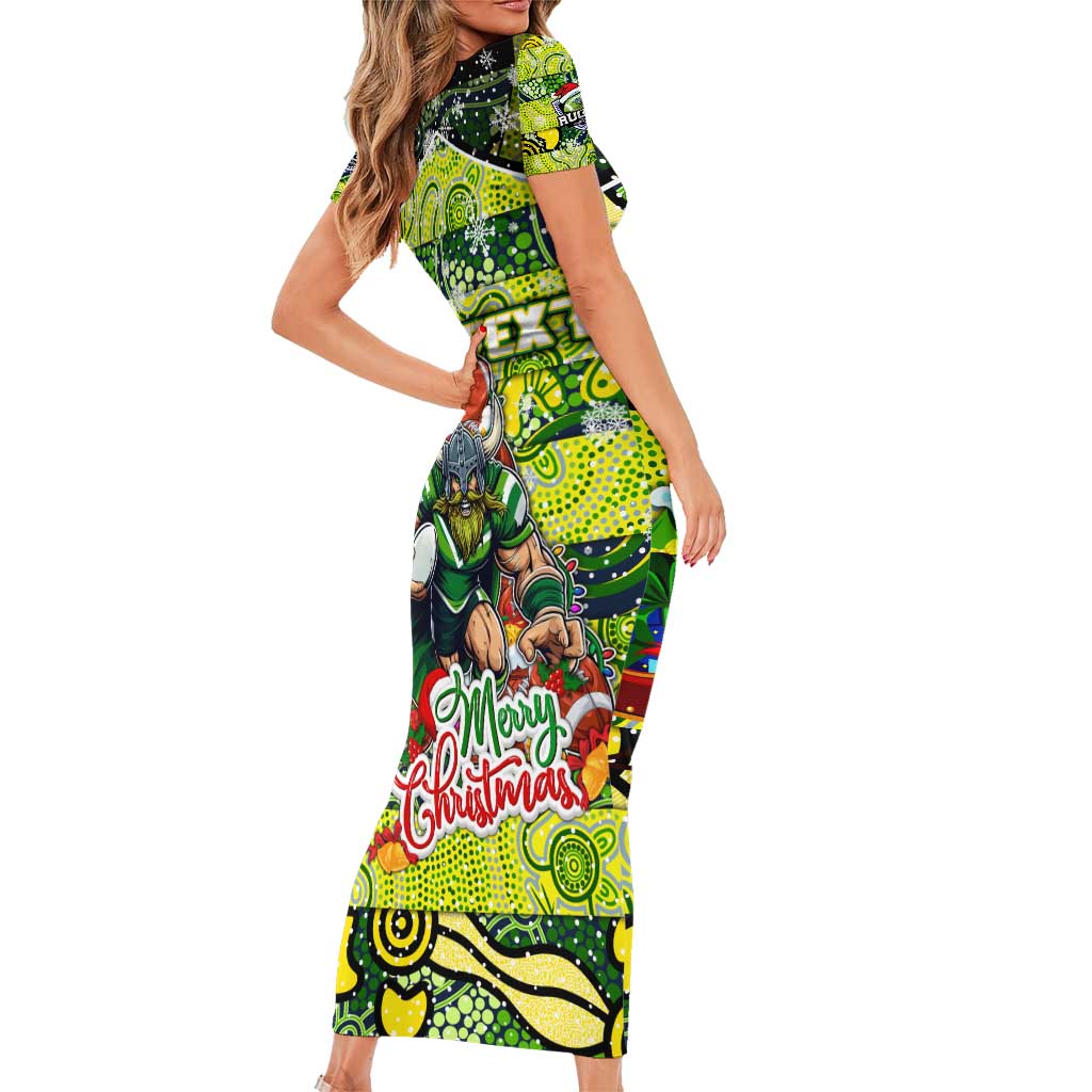 Custom Raiders Rugby Merry Christmas Family Matching Short Sleeve Bodycon Dress and Hawaiian Shirt Indigenous Australian Art