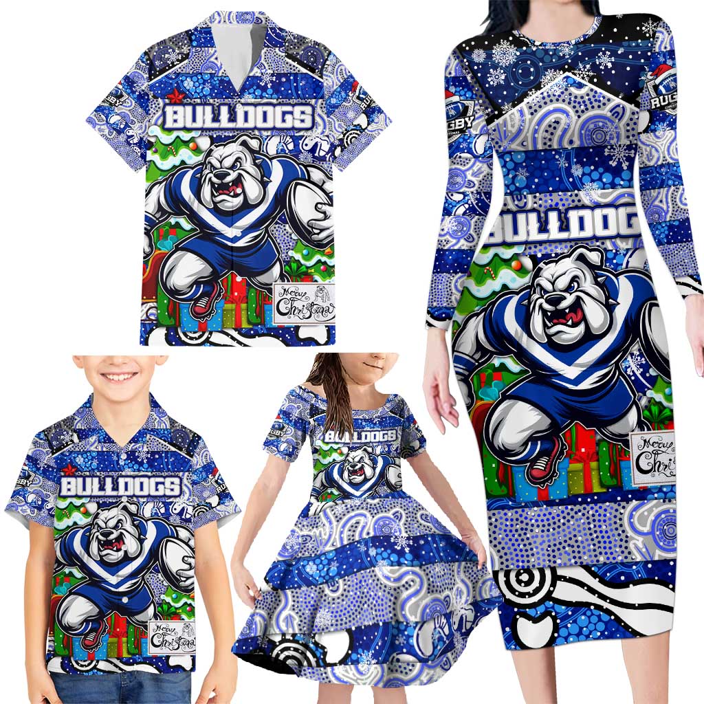 Custom Bulldogs Rugby Merry Christmas Family Matching Long Sleeve Bodycon Dress and Hawaiian Shirt Indigenous Australian Art