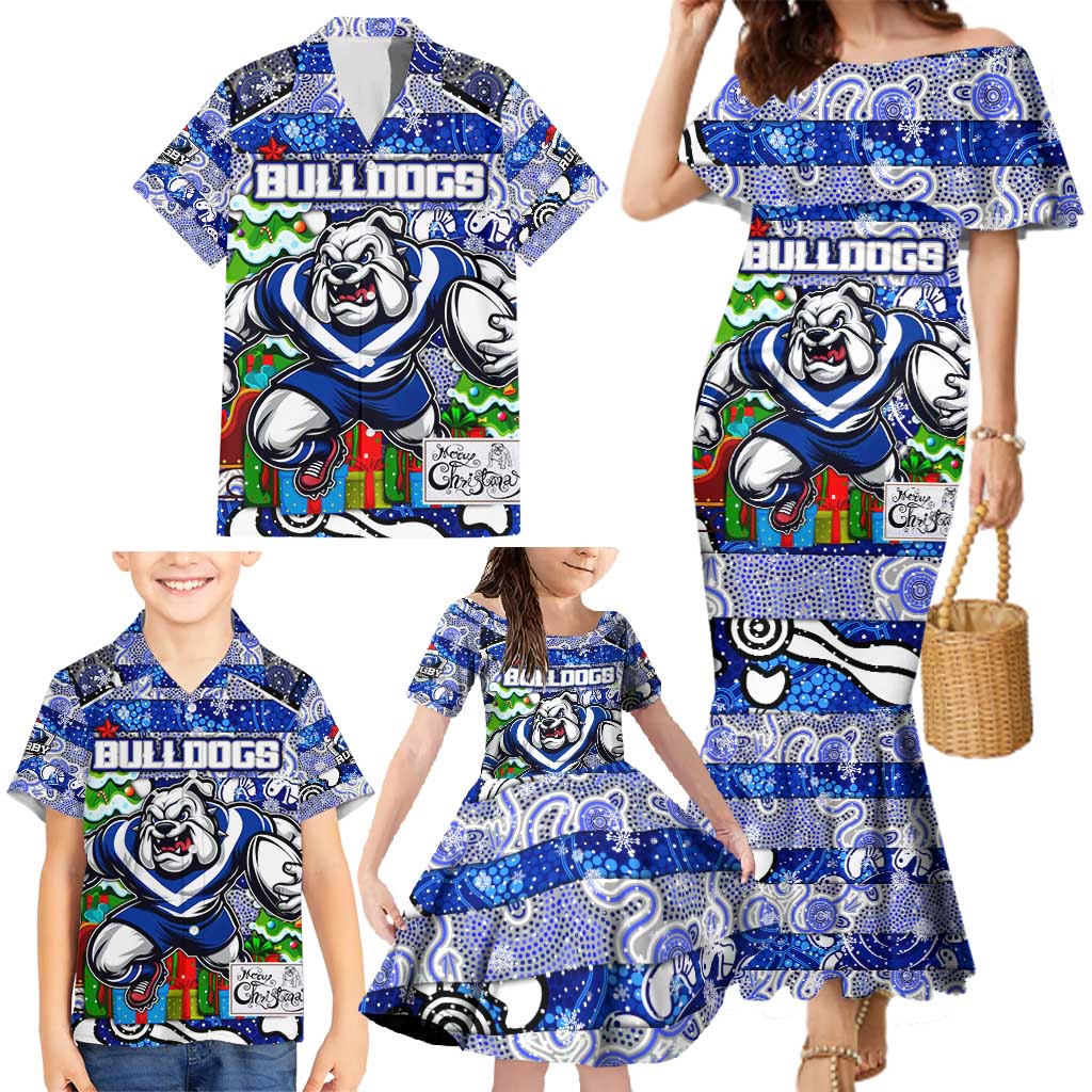 Custom Bulldogs Rugby Merry Christmas Family Matching Mermaid Dress and Hawaiian Shirt Indigenous Australian Art