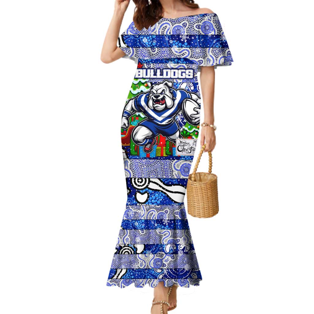 Custom Bulldogs Rugby Merry Christmas Family Matching Mermaid Dress and Hawaiian Shirt Indigenous Australian Art