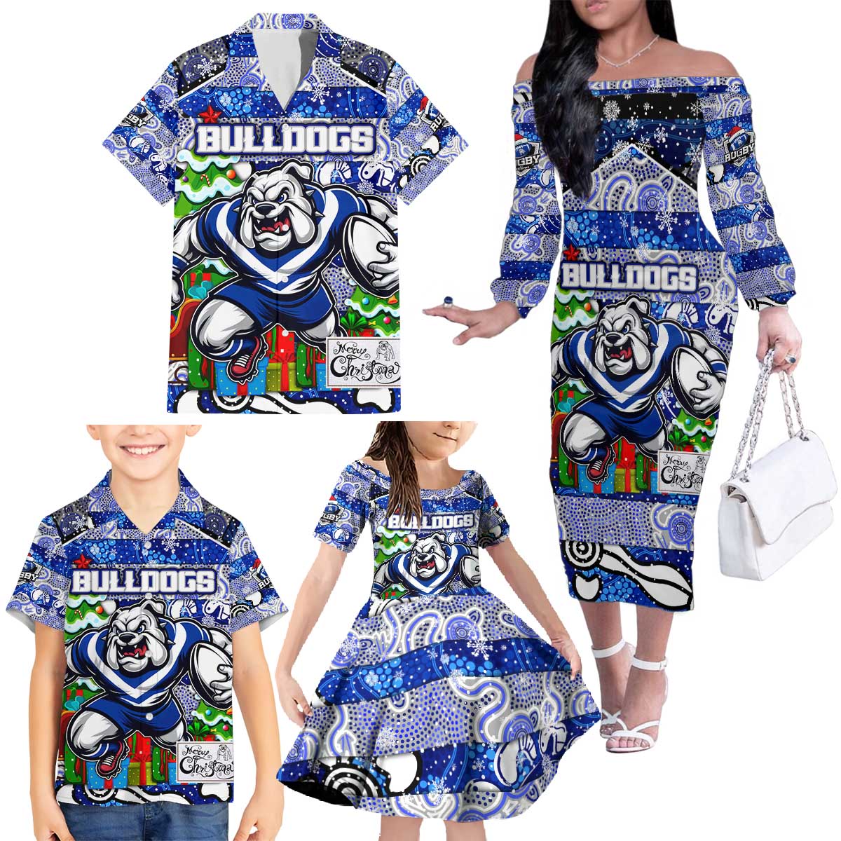 Custom Bulldogs Rugby Merry Christmas Family Matching Off The Shoulder Long Sleeve Dress and Hawaiian Shirt Indigenous Australian Art