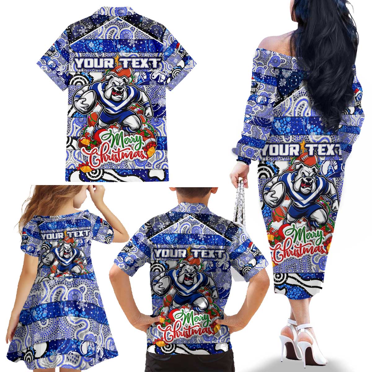 Custom Bulldogs Rugby Merry Christmas Family Matching Off The Shoulder Long Sleeve Dress and Hawaiian Shirt Indigenous Australian Art