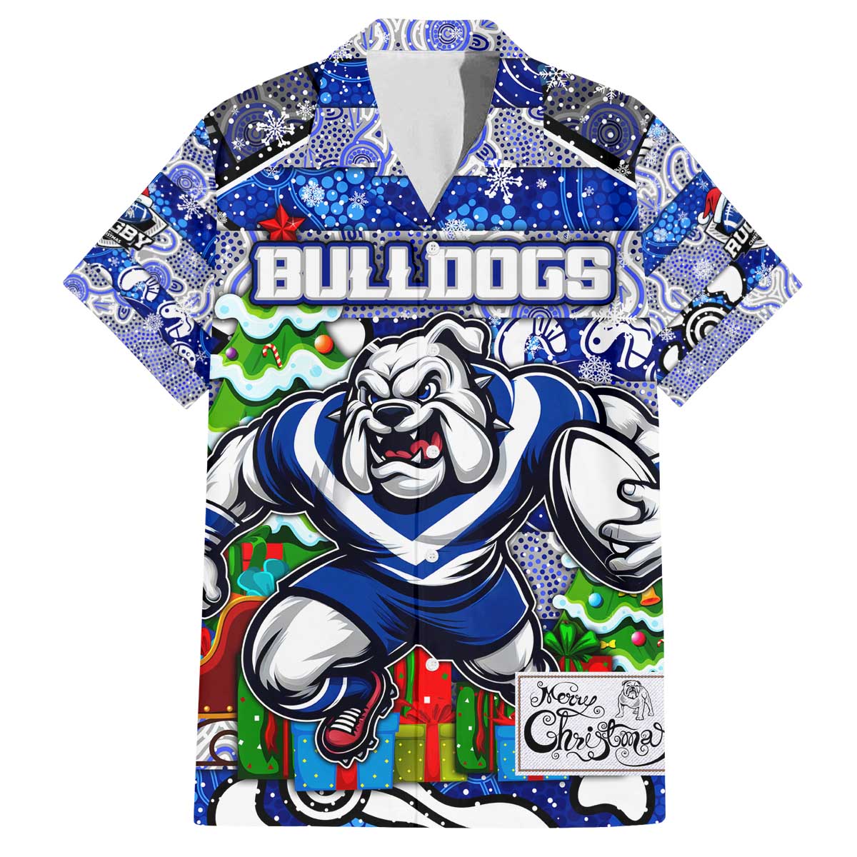 Custom Bulldogs Rugby Merry Christmas Family Matching Off The Shoulder Long Sleeve Dress and Hawaiian Shirt Indigenous Australian Art