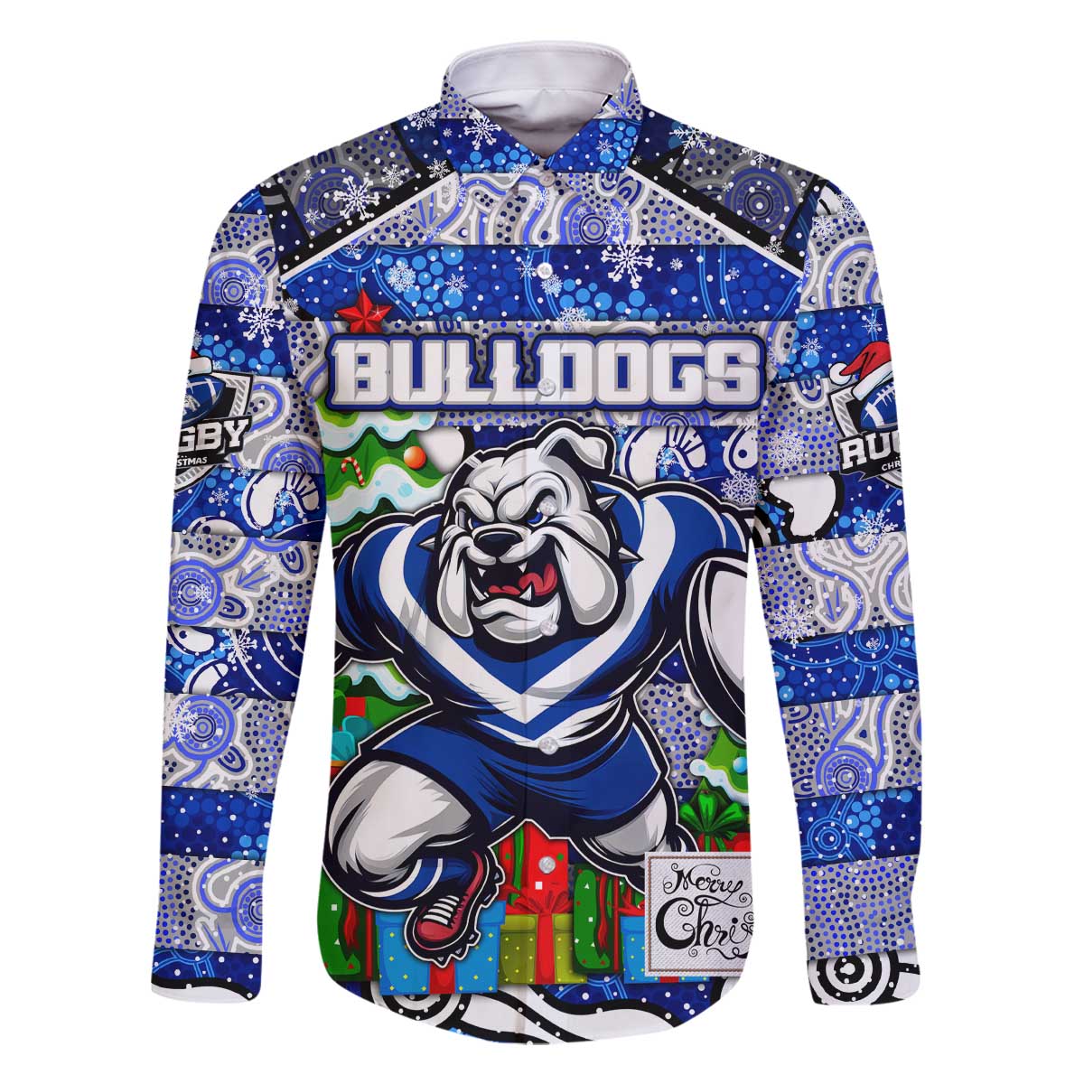 Custom Bulldogs Rugby Merry Christmas Family Matching Off The Shoulder Long Sleeve Dress and Hawaiian Shirt Indigenous Australian Art