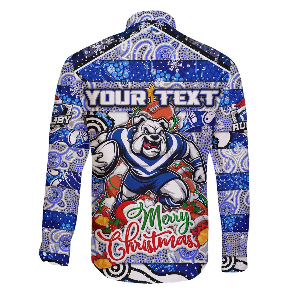 Custom Bulldogs Rugby Merry Christmas Family Matching Off The Shoulder Long Sleeve Dress and Hawaiian Shirt Indigenous Australian Art