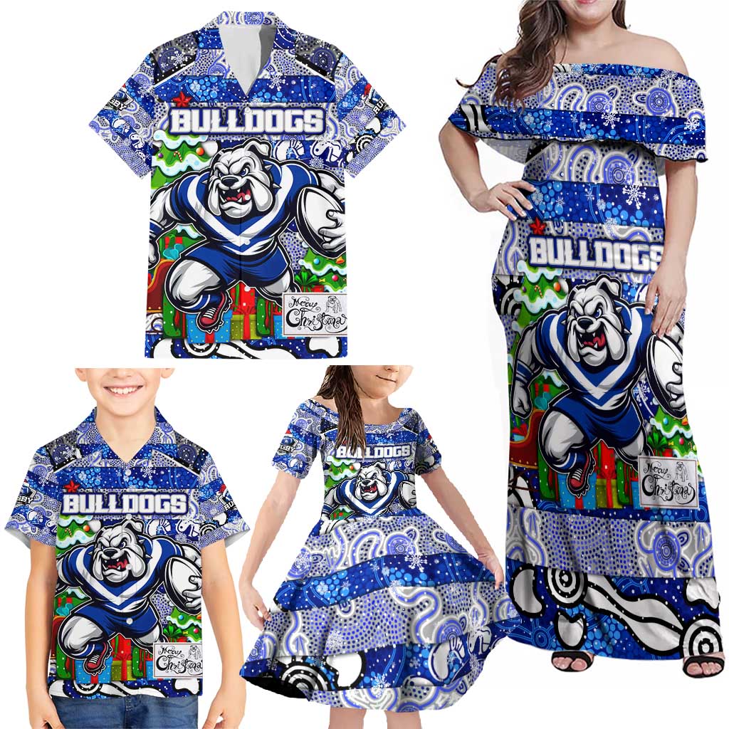 Custom Bulldogs Rugby Merry Christmas Family Matching Off Shoulder Maxi Dress and Hawaiian Shirt Indigenous Australian Art