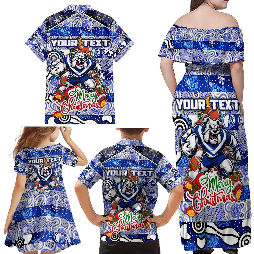 Custom Bulldogs Rugby Merry Christmas Family Matching Off Shoulder Maxi Dress and Hawaiian Shirt Indigenous Australian Art
