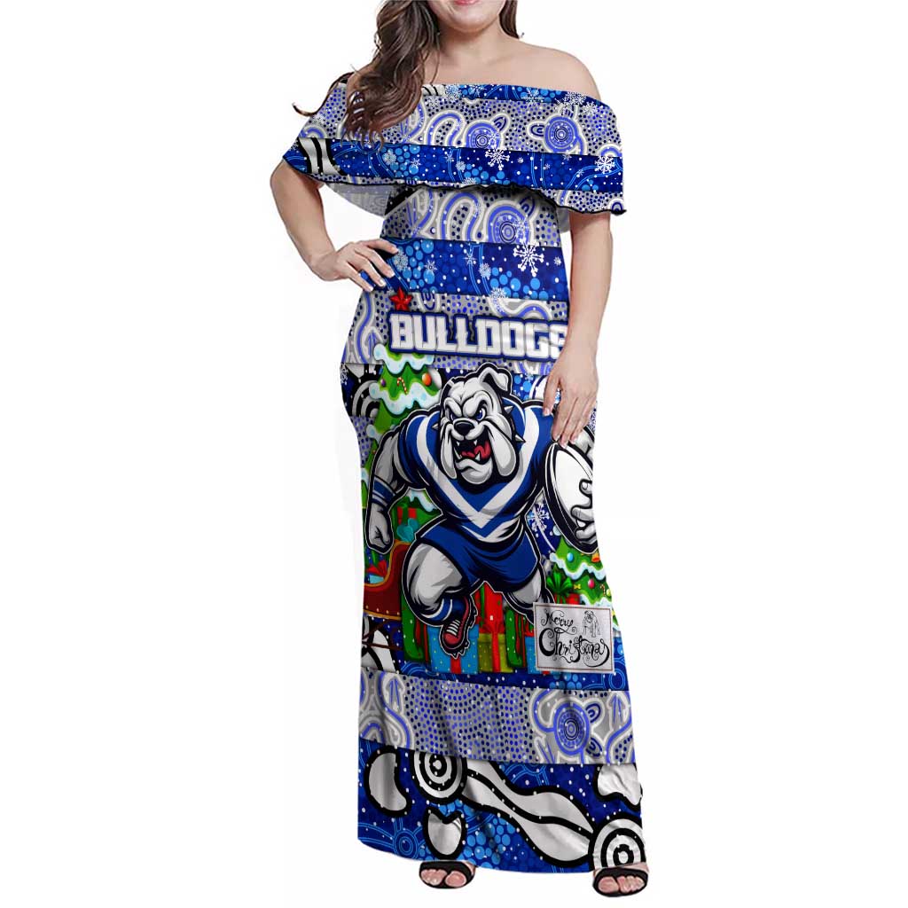 Custom Bulldogs Rugby Merry Christmas Family Matching Off Shoulder Maxi Dress and Hawaiian Shirt Indigenous Australian Art