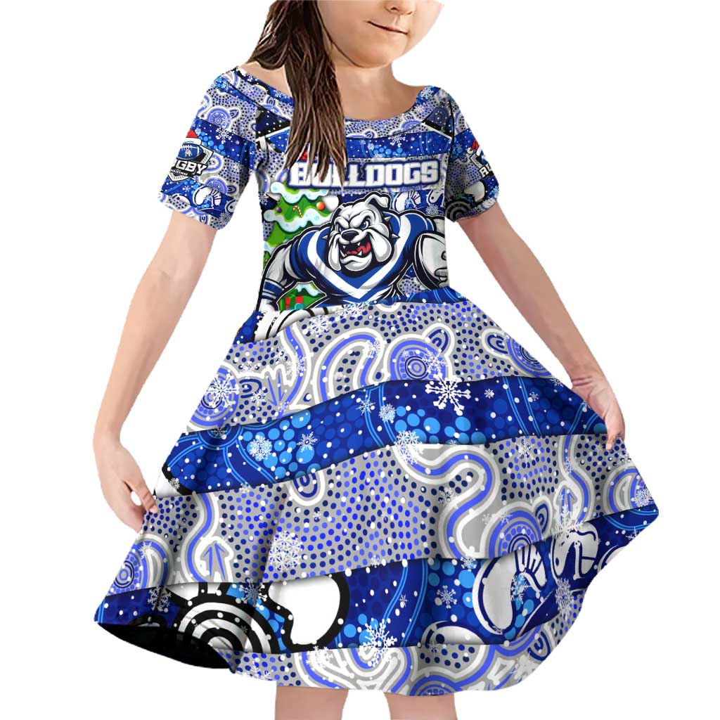 Custom Bulldogs Rugby Merry Christmas Family Matching Off Shoulder Short Dress and Hawaiian Shirt Indigenous Australian Art