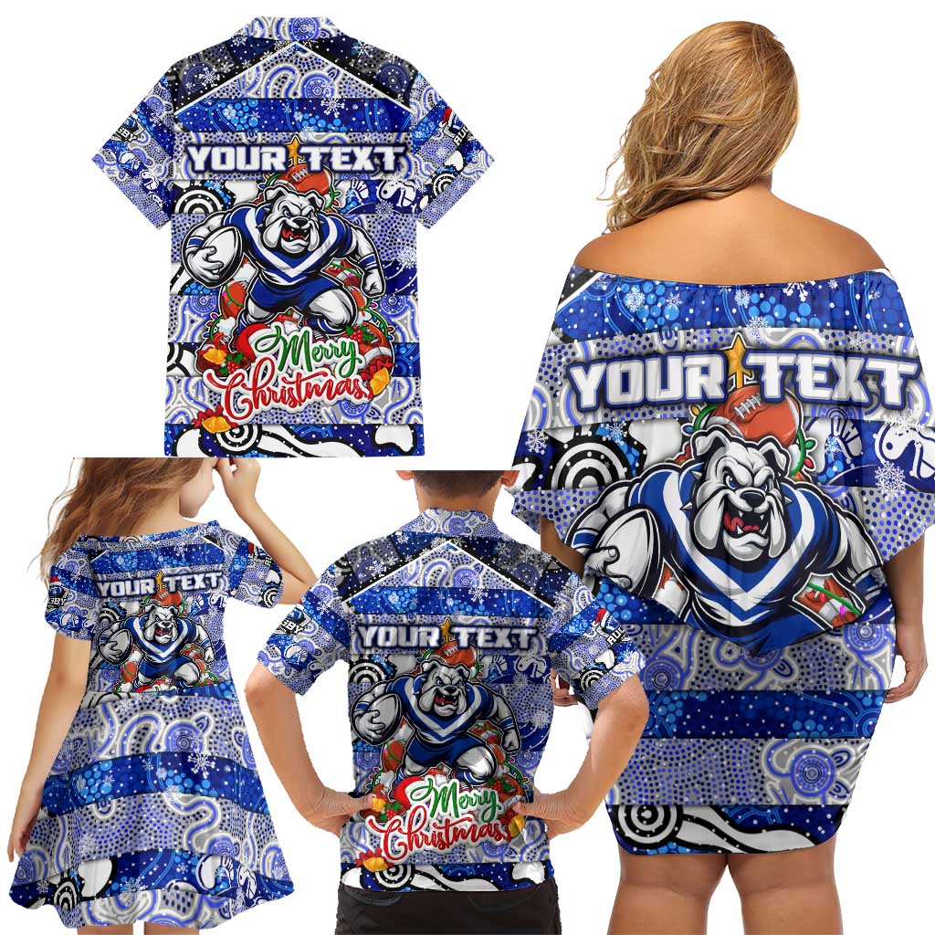 Custom Bulldogs Rugby Merry Christmas Family Matching Off Shoulder Short Dress and Hawaiian Shirt Indigenous Australian Art