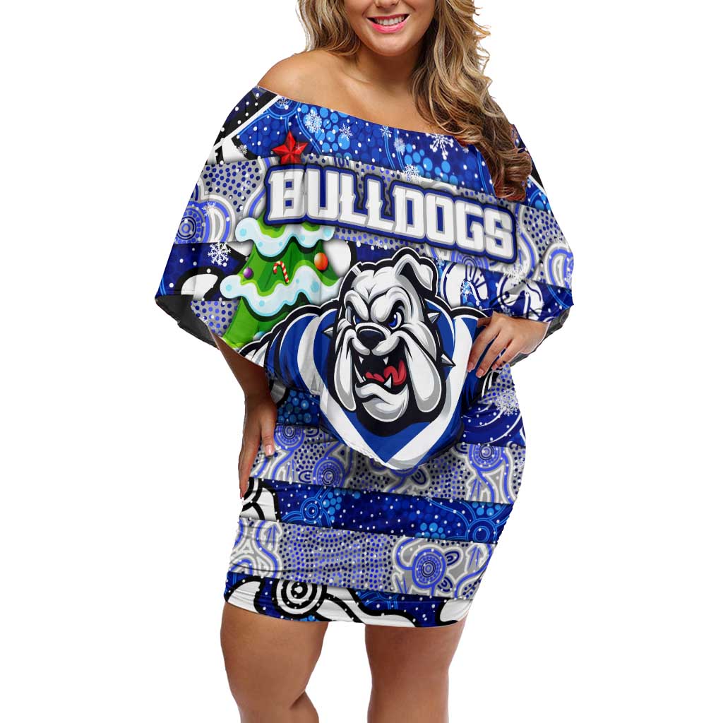 Custom Bulldogs Rugby Merry Christmas Family Matching Off Shoulder Short Dress and Hawaiian Shirt Indigenous Australian Art