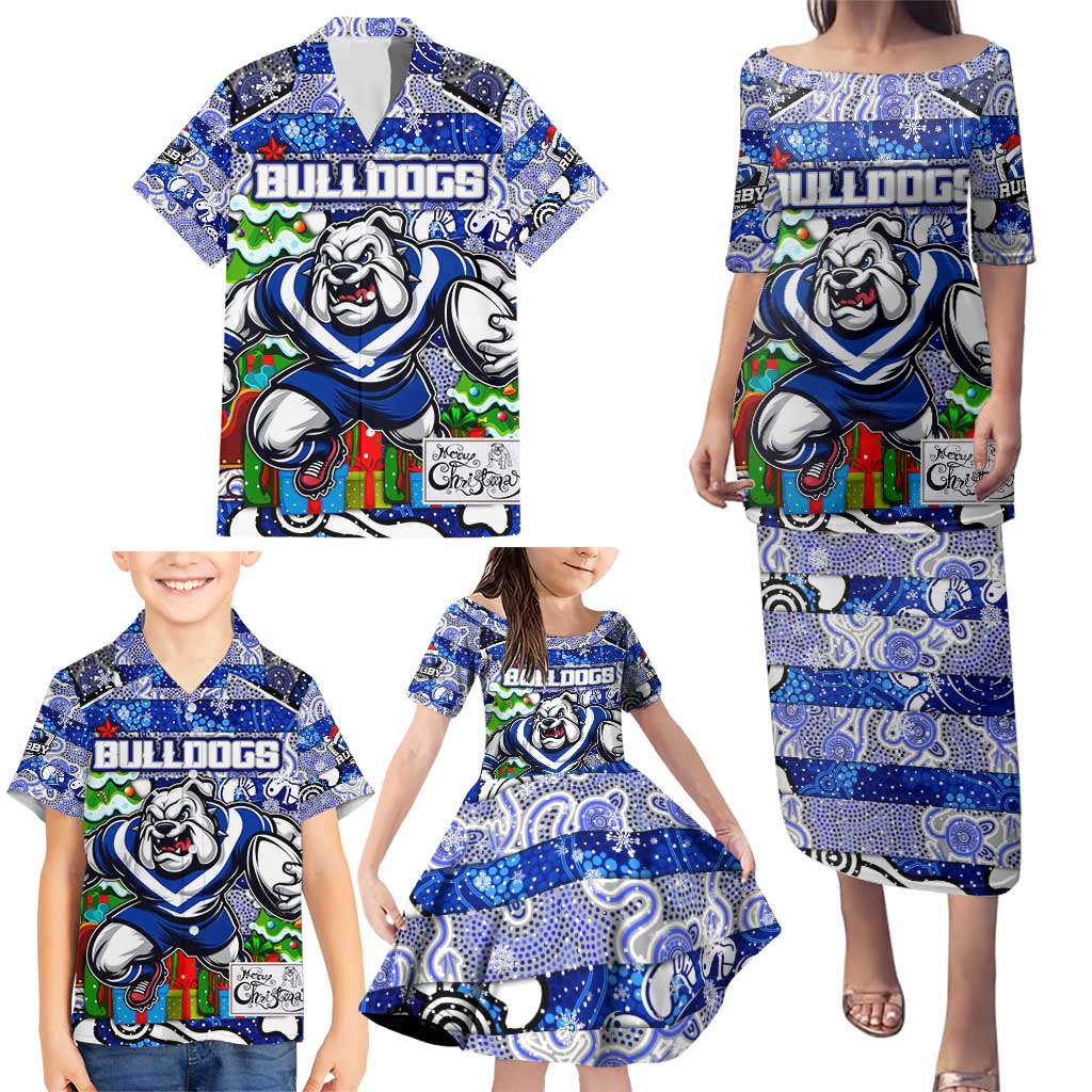 Custom Bulldogs Rugby Merry Christmas Family Matching Puletasi and Hawaiian Shirt Indigenous Australian Art