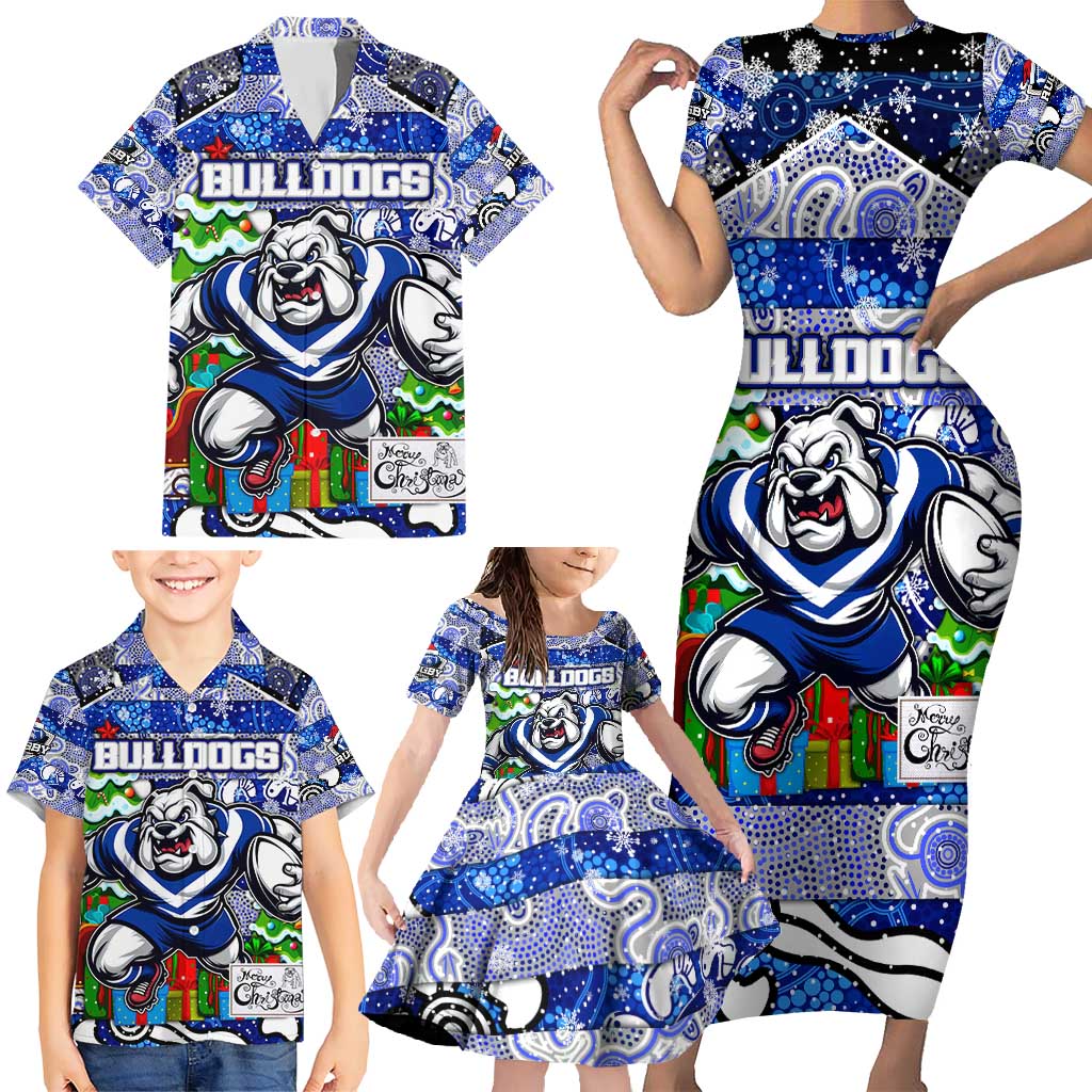 Custom Bulldogs Rugby Merry Christmas Family Matching Short Sleeve Bodycon Dress and Hawaiian Shirt Indigenous Australian Art