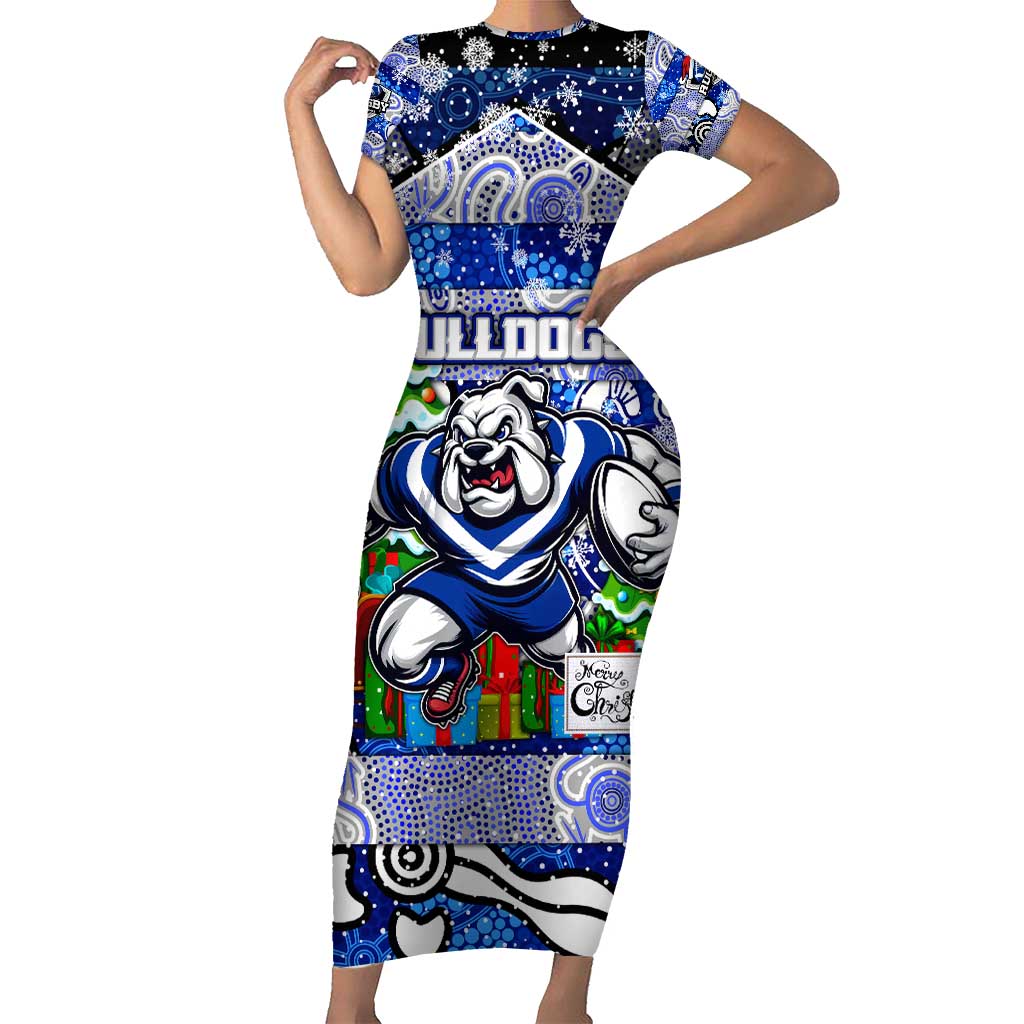 Custom Bulldogs Rugby Merry Christmas Family Matching Short Sleeve Bodycon Dress and Hawaiian Shirt Indigenous Australian Art