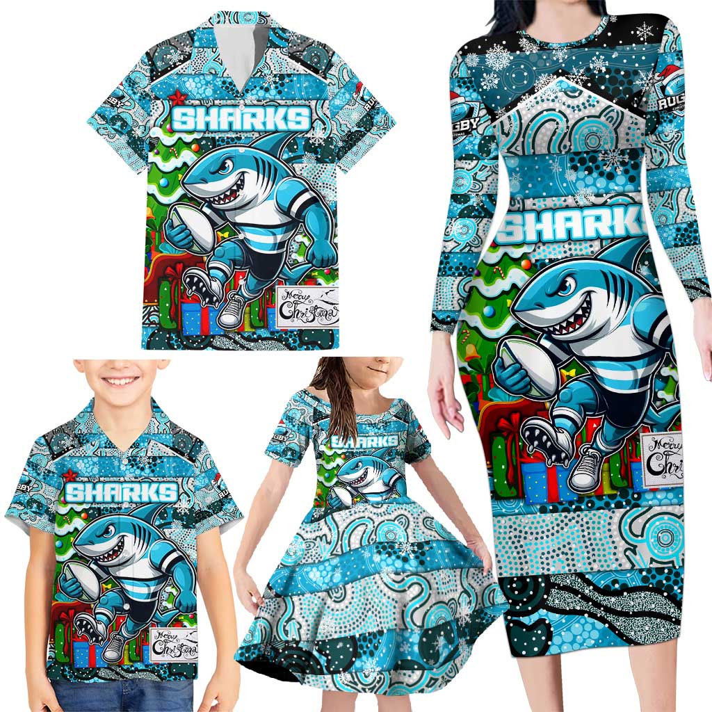 Custom Sharks Rugby Merry Christmas Family Matching Long Sleeve Bodycon Dress and Hawaiian Shirt Indigenous Australian Art