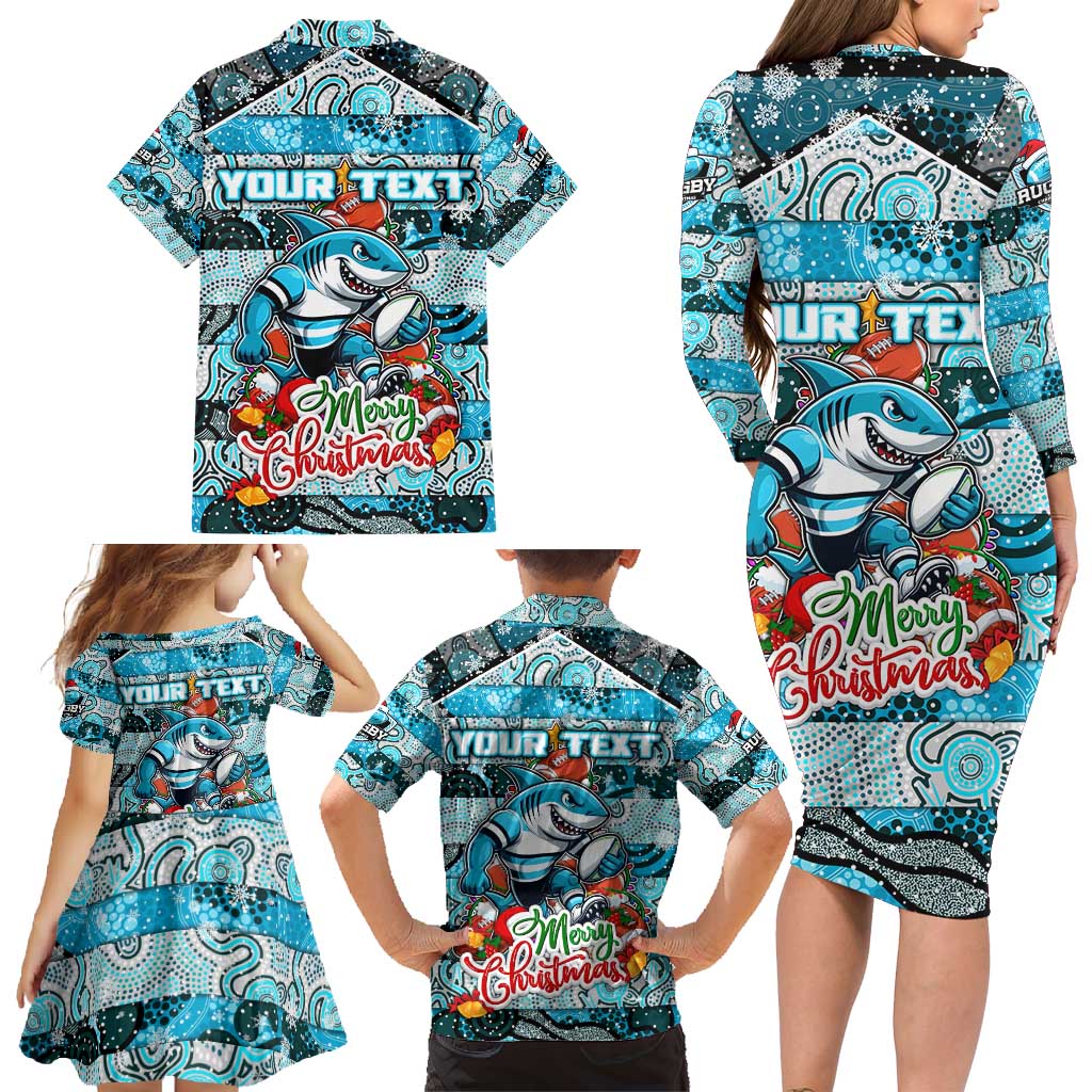 Custom Sharks Rugby Merry Christmas Family Matching Long Sleeve Bodycon Dress and Hawaiian Shirt Indigenous Australian Art