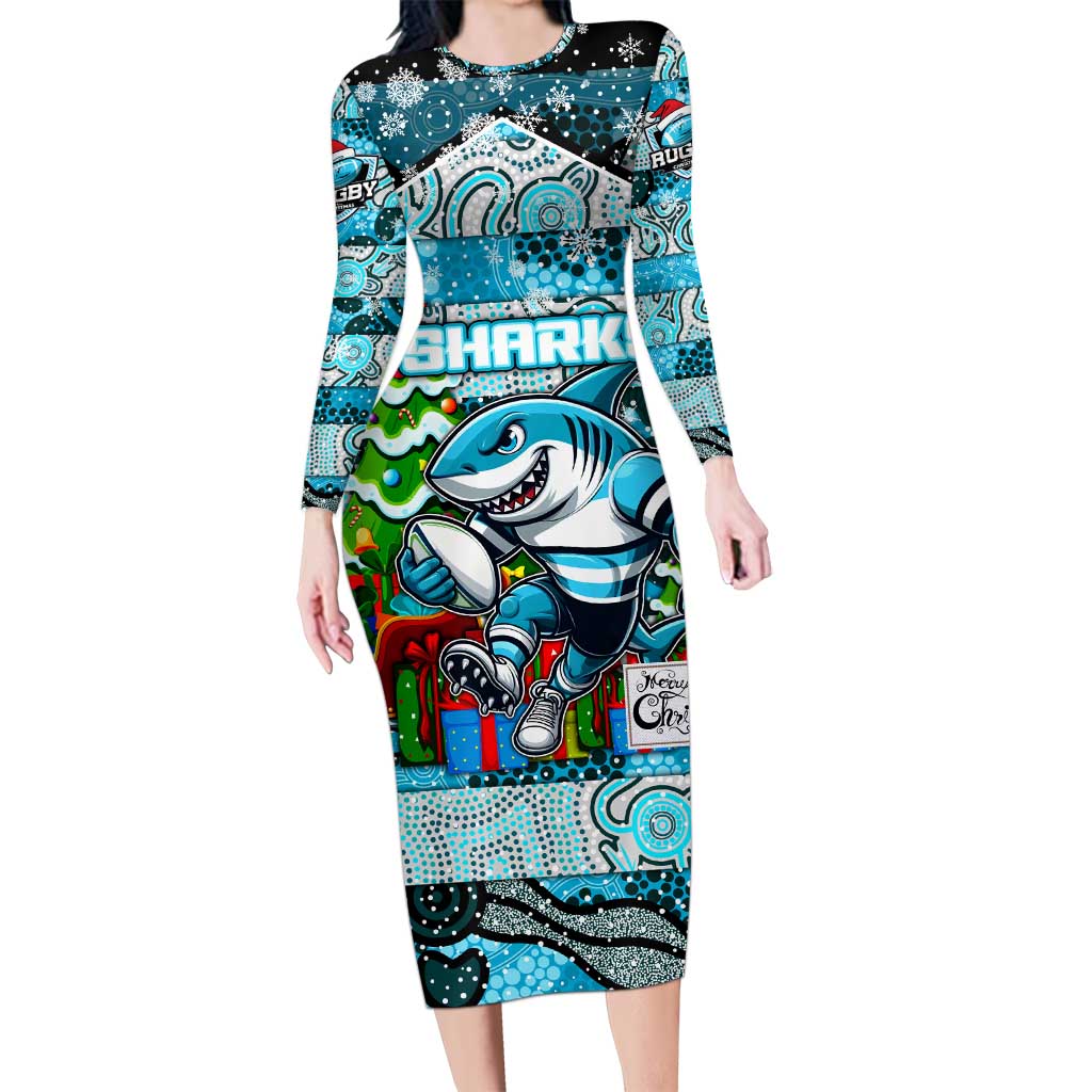 Custom Sharks Rugby Merry Christmas Family Matching Long Sleeve Bodycon Dress and Hawaiian Shirt Indigenous Australian Art