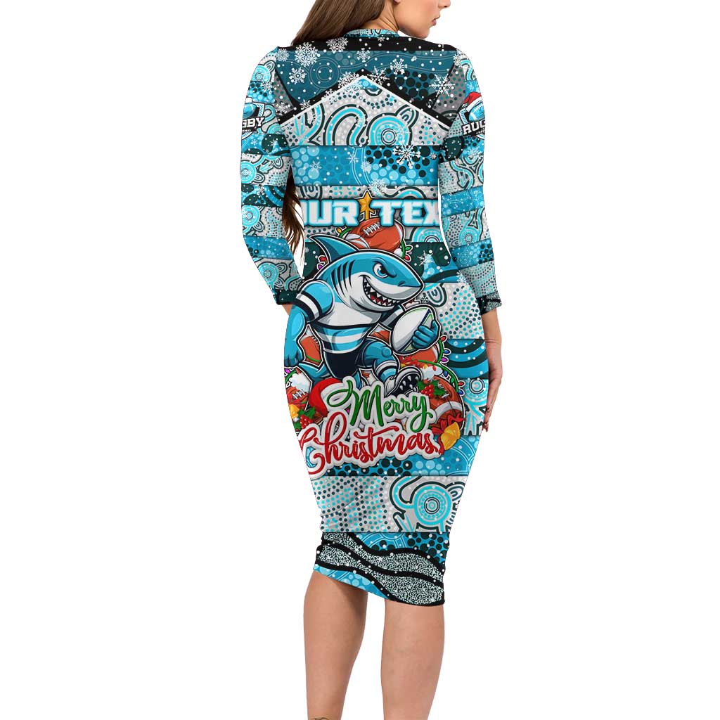Custom Sharks Rugby Merry Christmas Family Matching Long Sleeve Bodycon Dress and Hawaiian Shirt Indigenous Australian Art