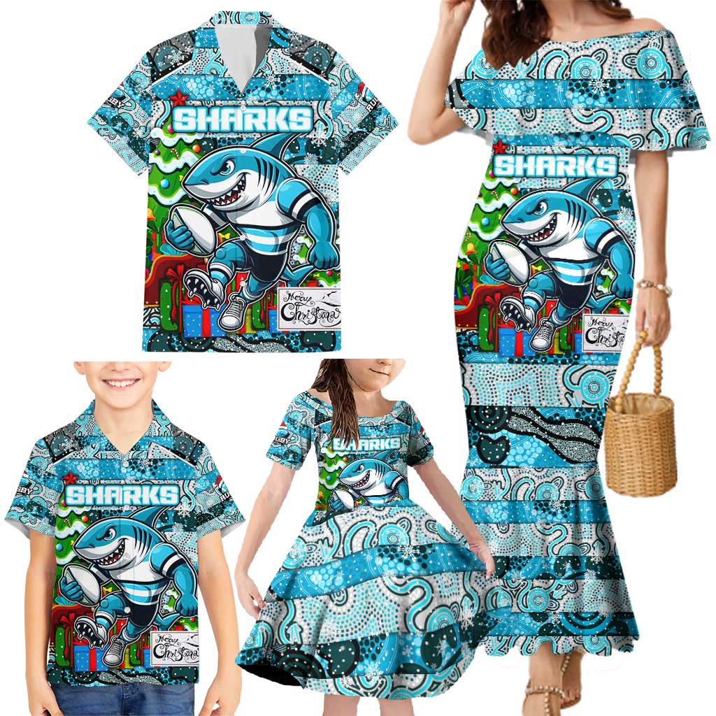 Custom Sharks Rugby Merry Christmas Family Matching Mermaid Dress and Hawaiian Shirt Indigenous Australian Art