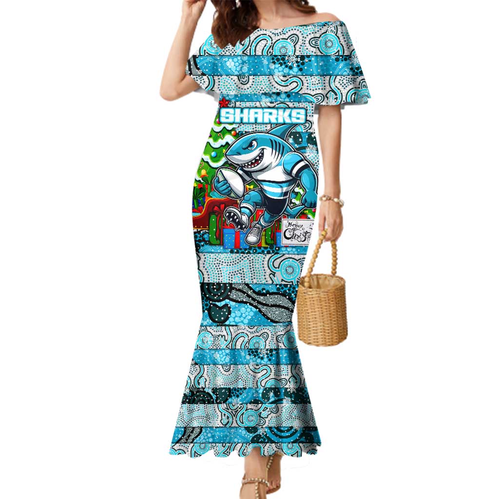 Custom Sharks Rugby Merry Christmas Family Matching Mermaid Dress and Hawaiian Shirt Indigenous Australian Art