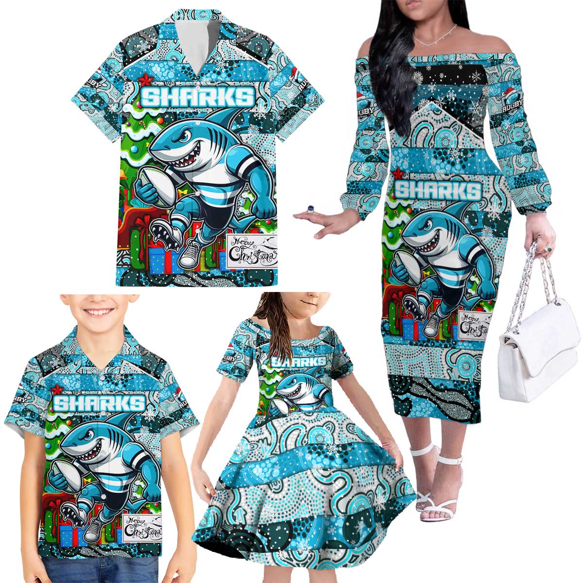 Custom Sharks Rugby Merry Christmas Family Matching Off The Shoulder Long Sleeve Dress and Hawaiian Shirt Indigenous Australian Art