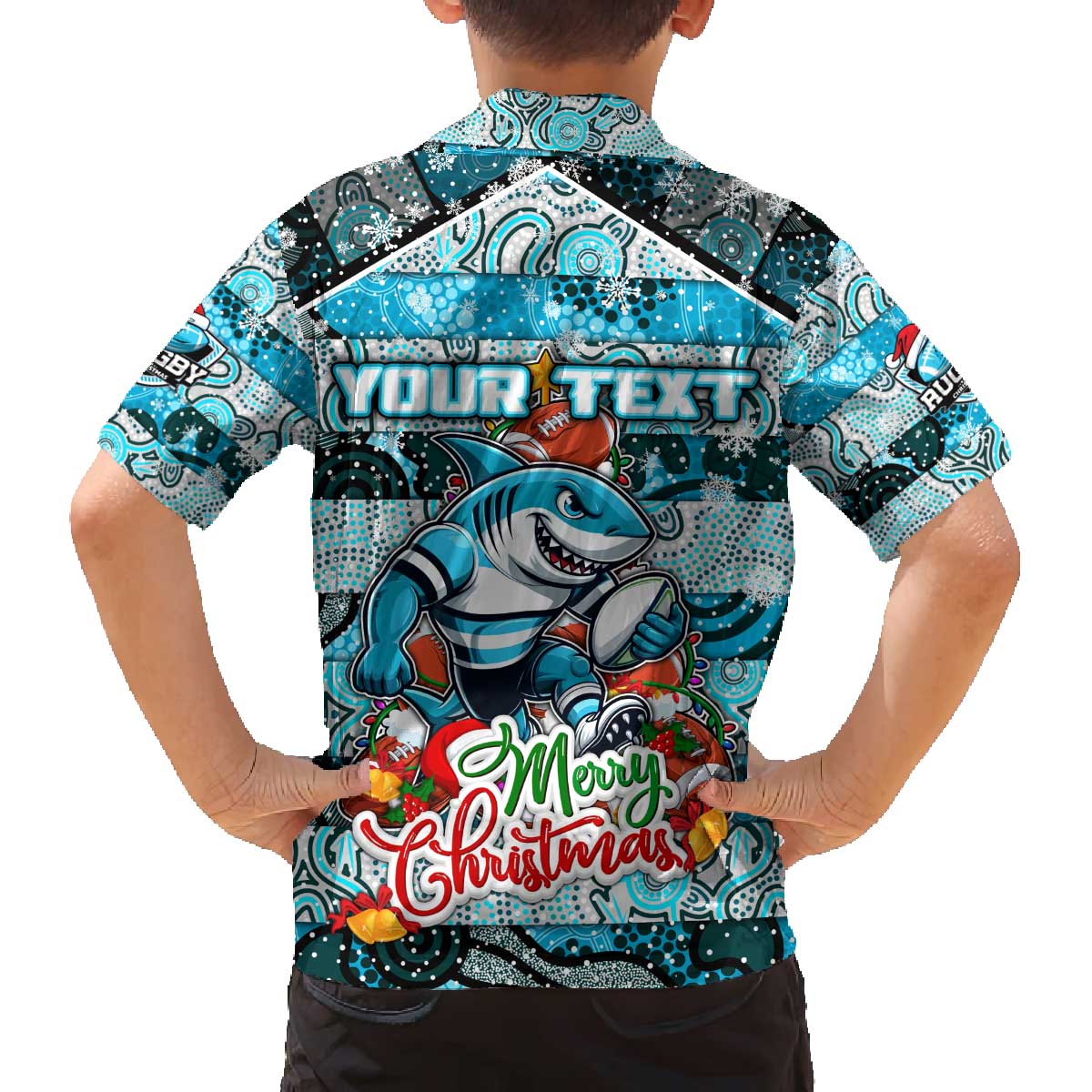 Custom Sharks Rugby Merry Christmas Family Matching Off The Shoulder Long Sleeve Dress and Hawaiian Shirt Indigenous Australian Art