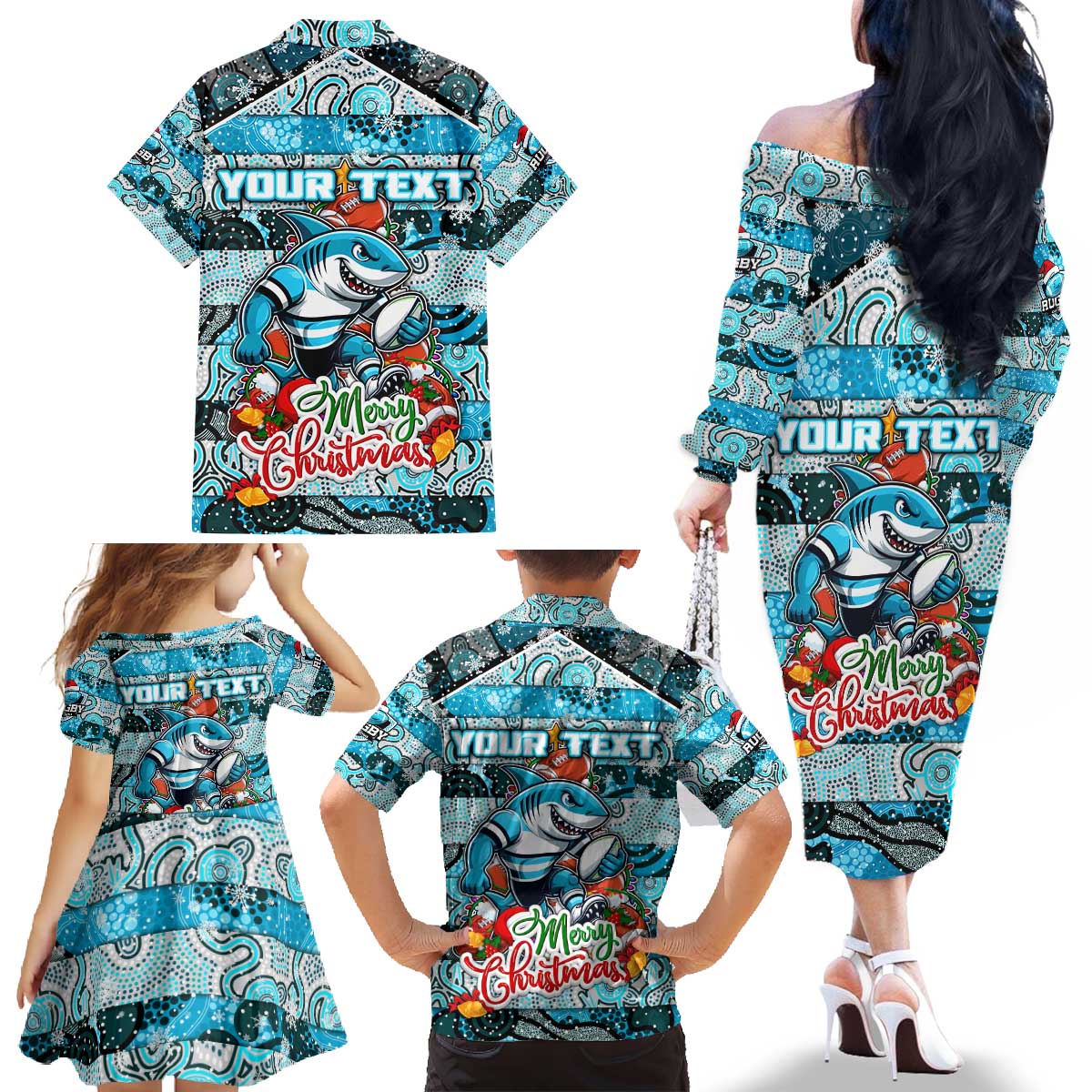 Custom Sharks Rugby Merry Christmas Family Matching Off The Shoulder Long Sleeve Dress and Hawaiian Shirt Indigenous Australian Art