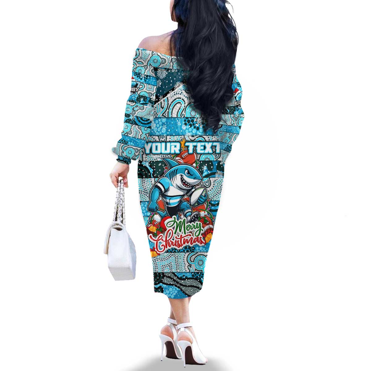 Custom Sharks Rugby Merry Christmas Family Matching Off The Shoulder Long Sleeve Dress and Hawaiian Shirt Indigenous Australian Art