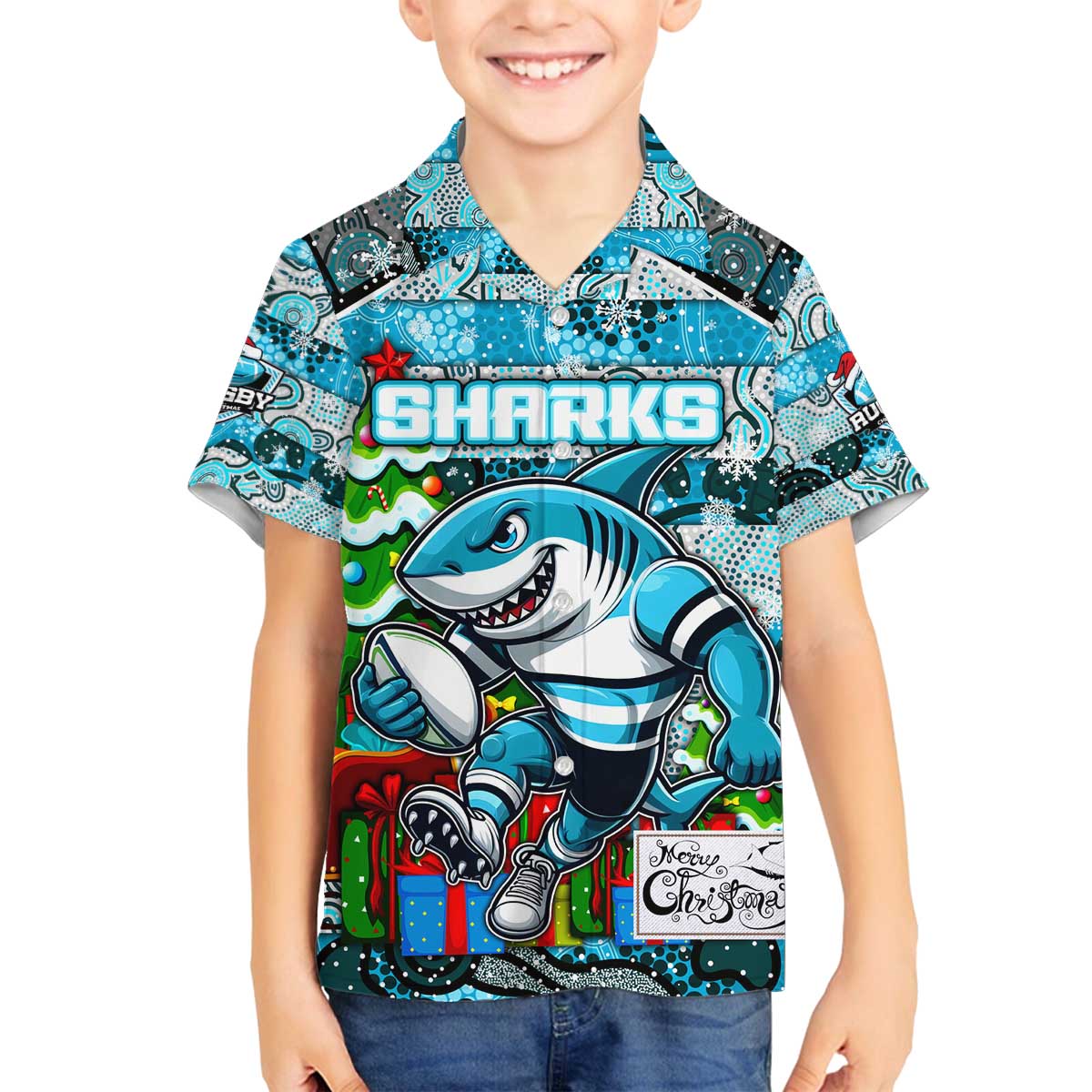 Custom Sharks Rugby Merry Christmas Family Matching Off The Shoulder Long Sleeve Dress and Hawaiian Shirt Indigenous Australian Art