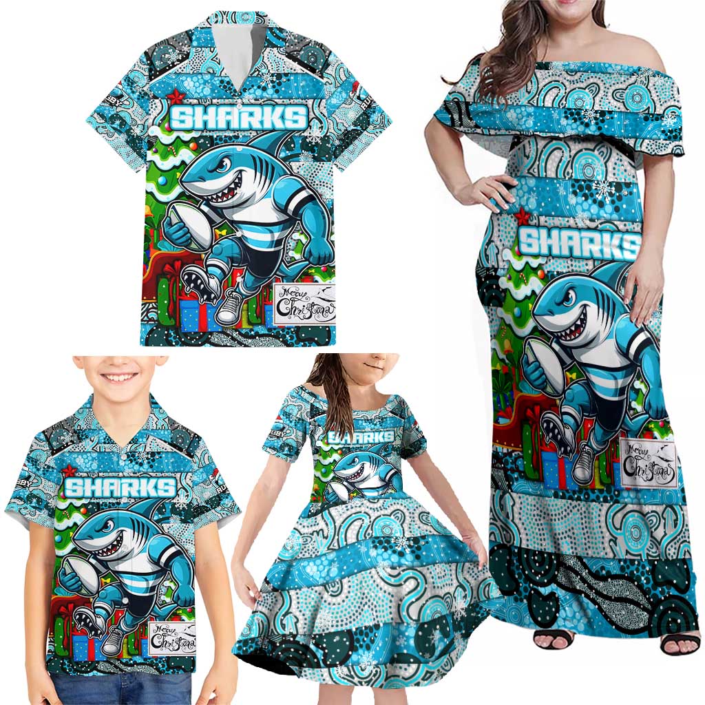 Custom Sharks Rugby Merry Christmas Family Matching Off Shoulder Maxi Dress and Hawaiian Shirt Indigenous Australian Art