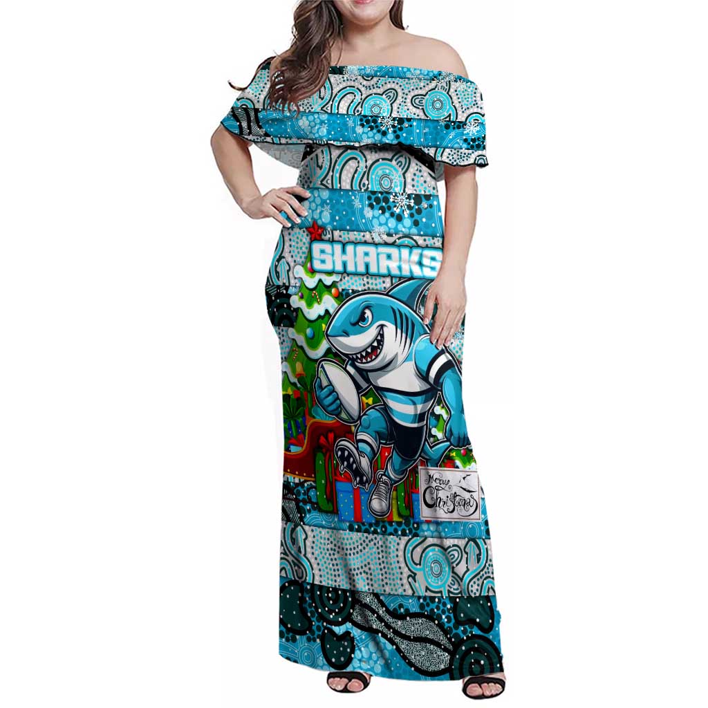 Custom Sharks Rugby Merry Christmas Family Matching Off Shoulder Maxi Dress and Hawaiian Shirt Indigenous Australian Art