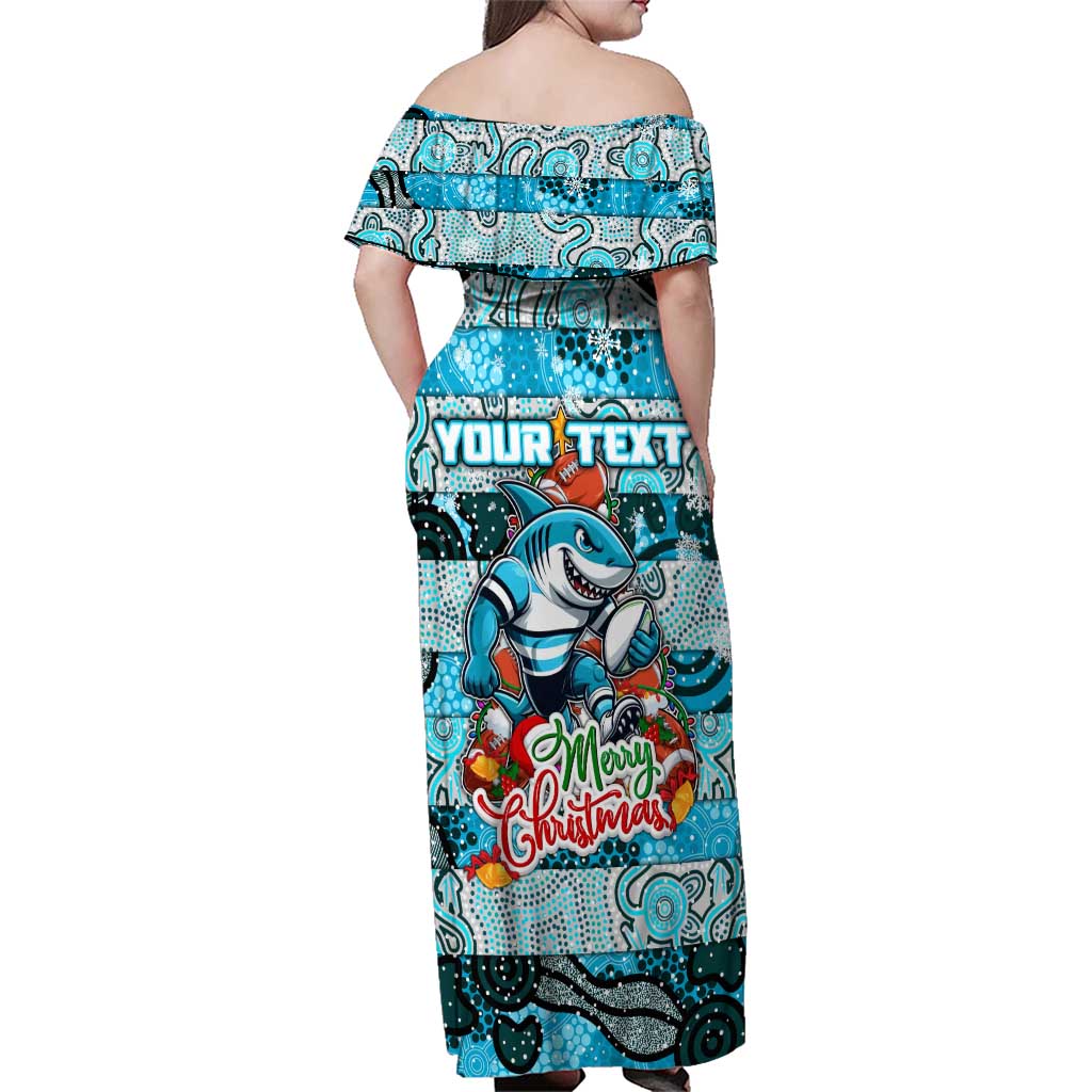 Custom Sharks Rugby Merry Christmas Family Matching Off Shoulder Maxi Dress and Hawaiian Shirt Indigenous Australian Art