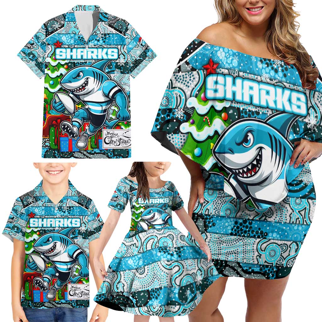 Custom Sharks Rugby Merry Christmas Family Matching Off Shoulder Short Dress and Hawaiian Shirt Indigenous Australian Art