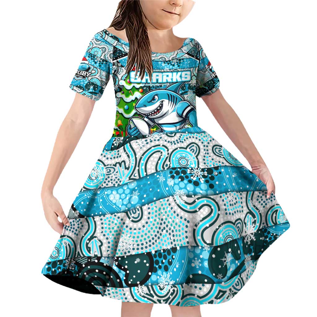 Custom Sharks Rugby Merry Christmas Family Matching Off Shoulder Short Dress and Hawaiian Shirt Indigenous Australian Art