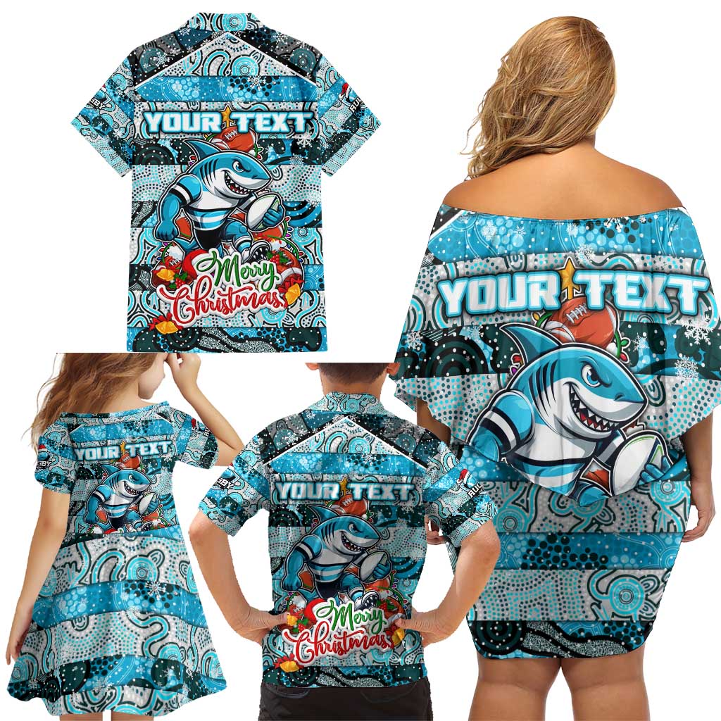 Custom Sharks Rugby Merry Christmas Family Matching Off Shoulder Short Dress and Hawaiian Shirt Indigenous Australian Art