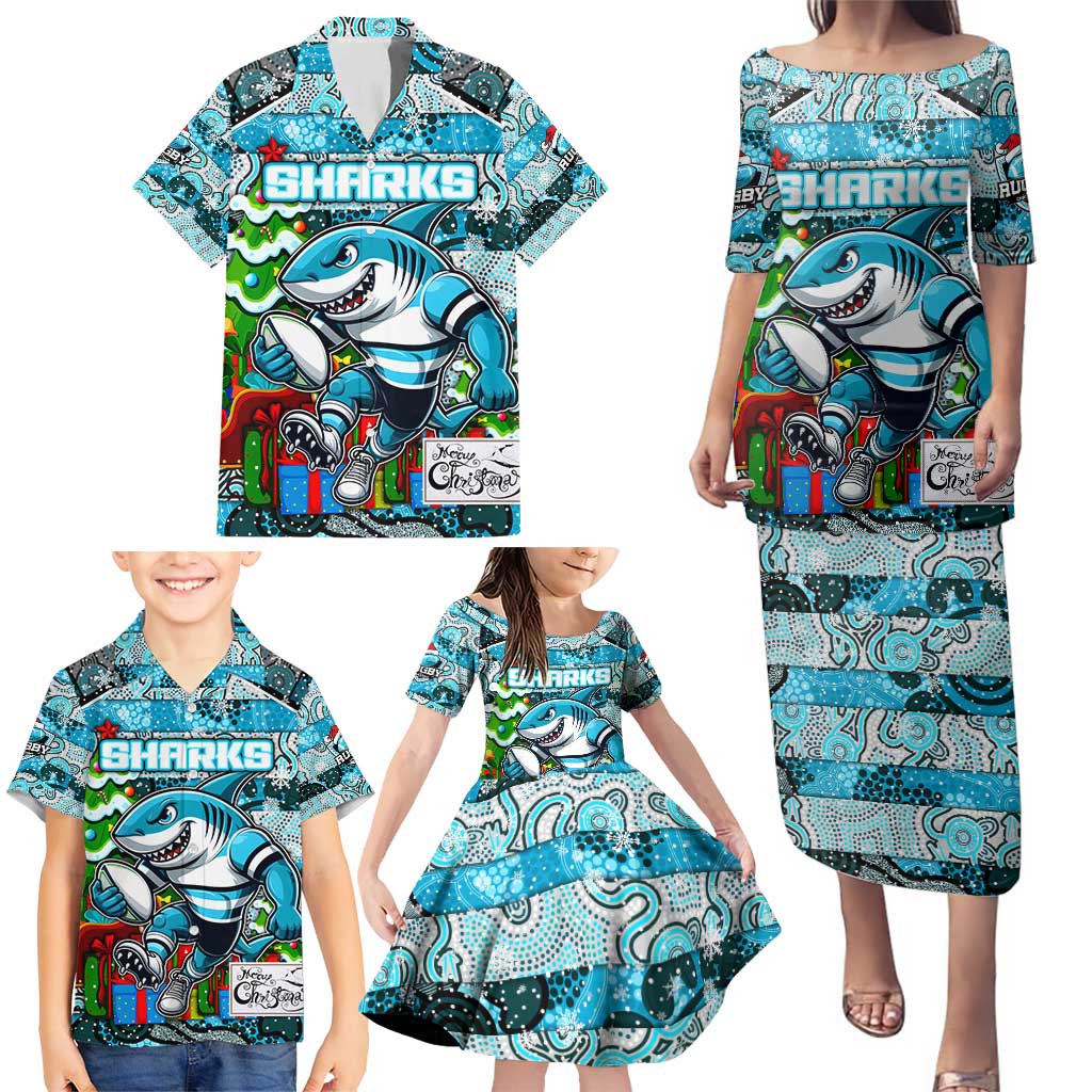 Custom Sharks Rugby Merry Christmas Family Matching Puletasi and Hawaiian Shirt Indigenous Australian Art