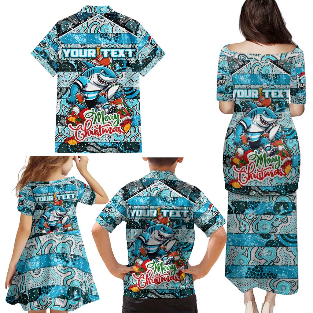 Custom Sharks Rugby Merry Christmas Family Matching Puletasi and Hawaiian Shirt Indigenous Australian Art