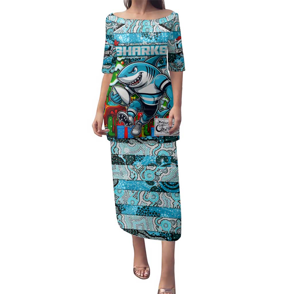 Custom Sharks Rugby Merry Christmas Family Matching Puletasi and Hawaiian Shirt Indigenous Australian Art
