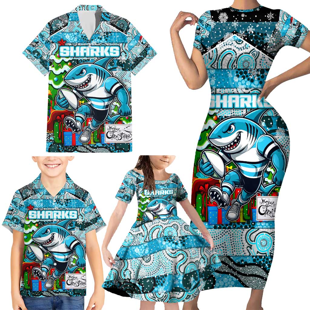 Custom Sharks Rugby Merry Christmas Family Matching Short Sleeve Bodycon Dress and Hawaiian Shirt Indigenous Australian Art