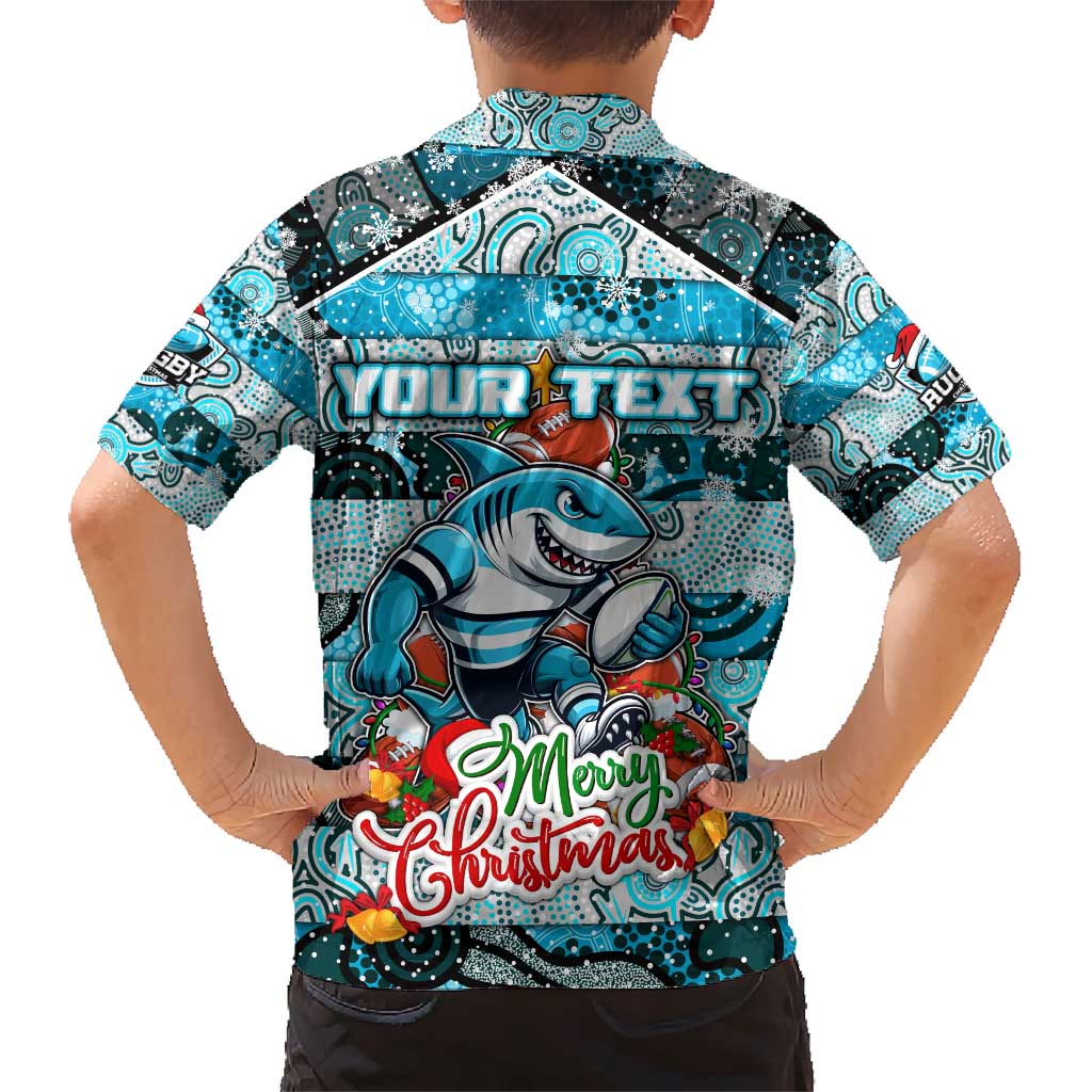 Custom Sharks Rugby Merry Christmas Family Matching Short Sleeve Bodycon Dress and Hawaiian Shirt Indigenous Australian Art