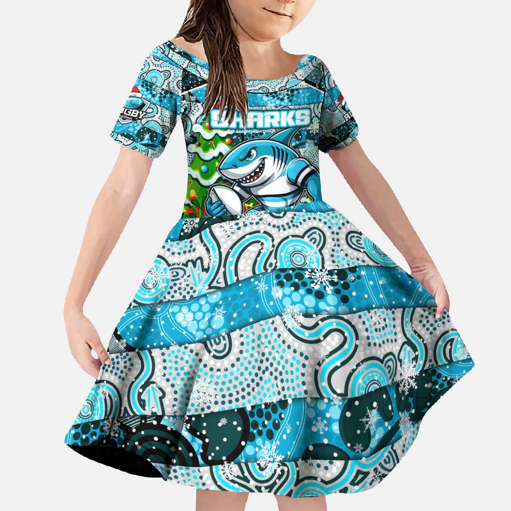 Custom Sharks Rugby Merry Christmas Family Matching Short Sleeve Bodycon Dress and Hawaiian Shirt Indigenous Australian Art