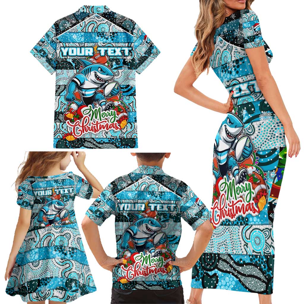 Custom Sharks Rugby Merry Christmas Family Matching Short Sleeve Bodycon Dress and Hawaiian Shirt Indigenous Australian Art
