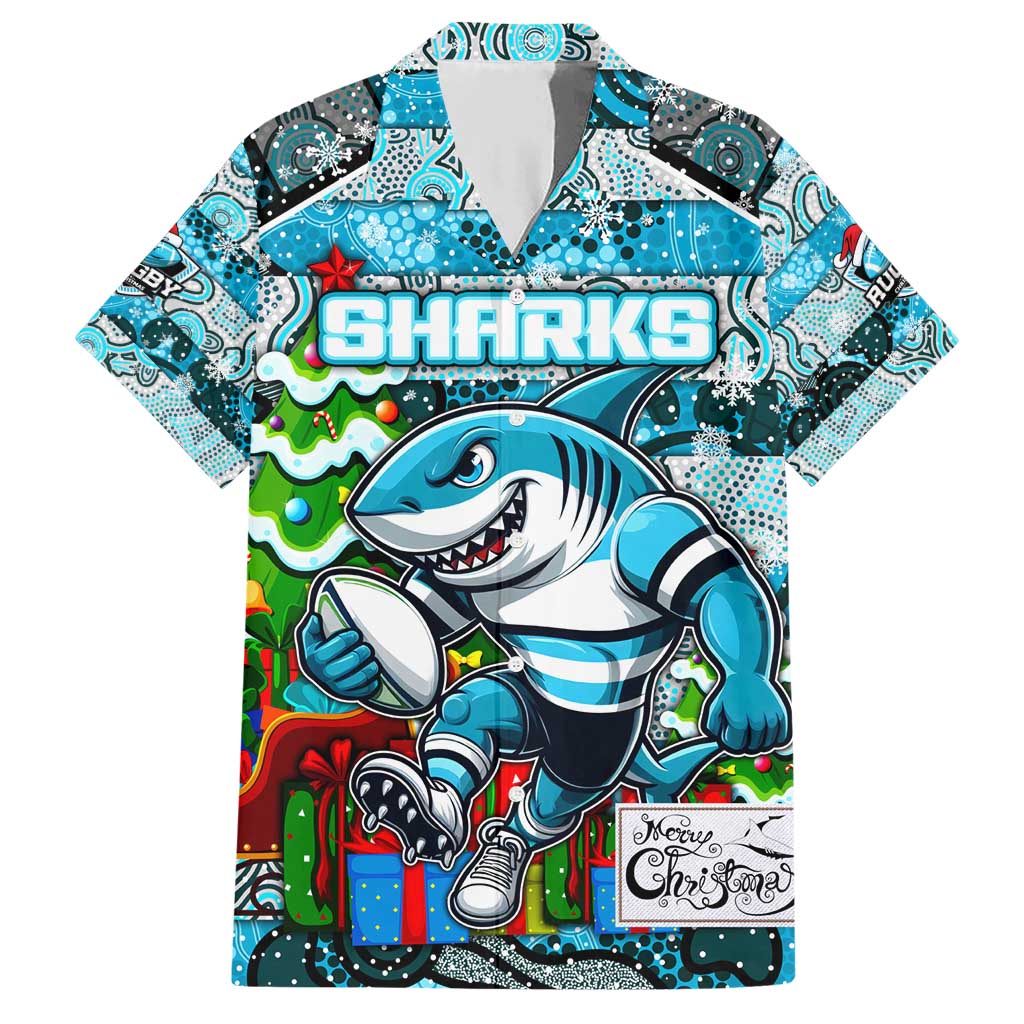 Custom Sharks Rugby Merry Christmas Family Matching Short Sleeve Bodycon Dress and Hawaiian Shirt Indigenous Australian Art